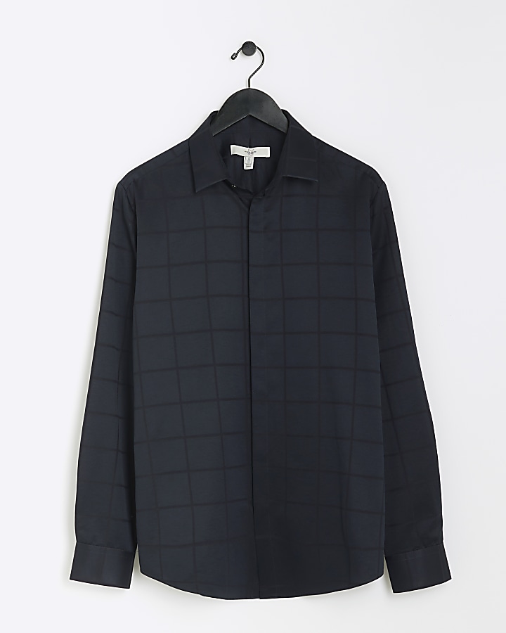 Navy slim fit sateen check smart shirt River Island