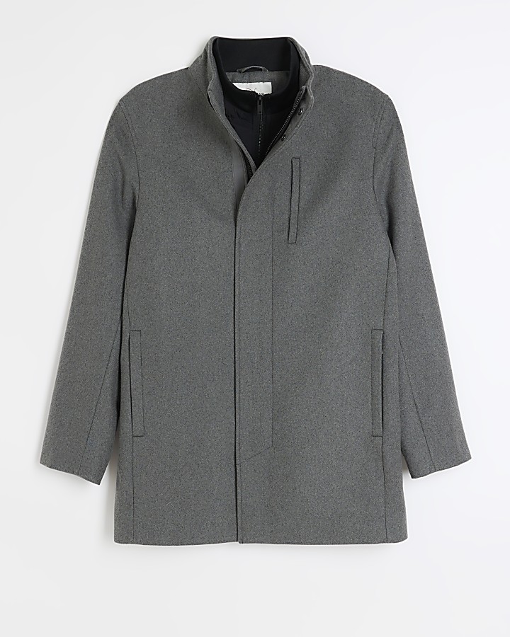 Grey regular fit wool blend coat River Island