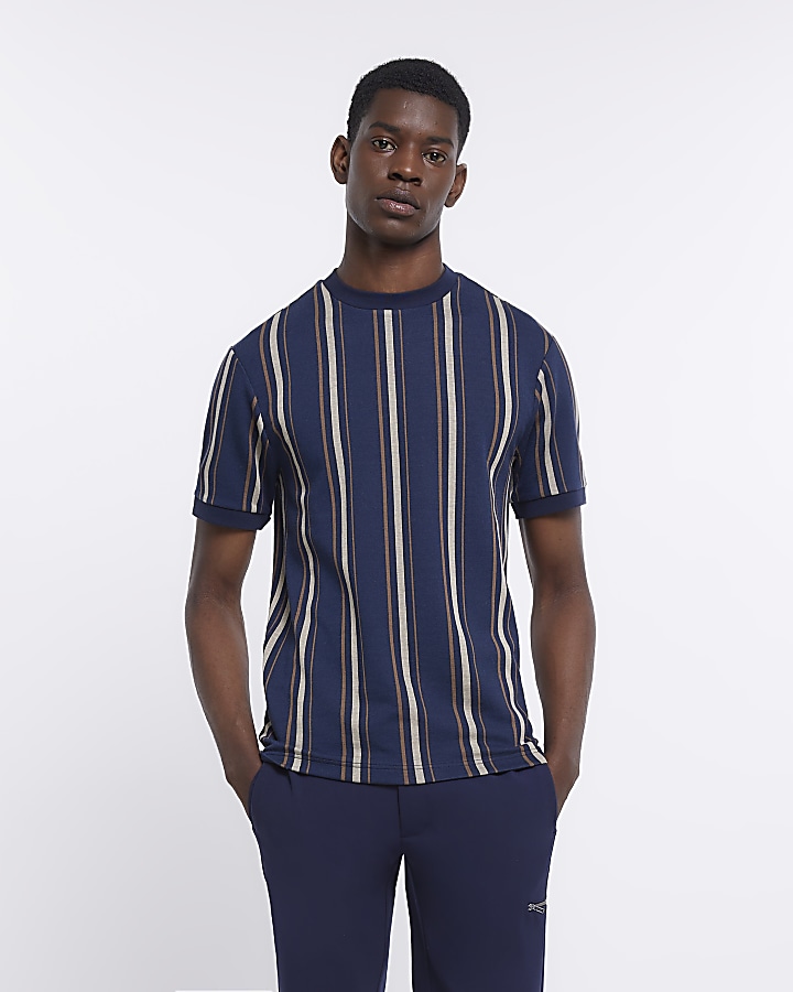 Navy slim fit striped tshirt River Island