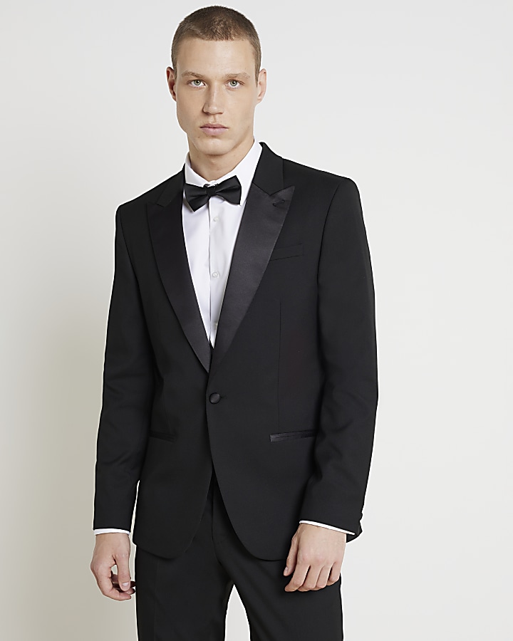 Black slim fit tuxedo suit jacket River Island