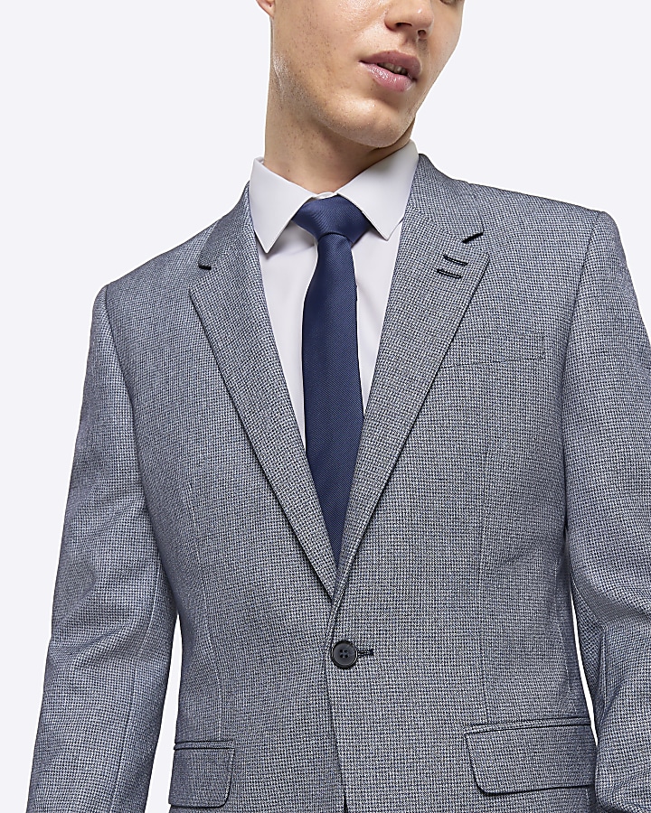 Blue skinny fit dogtooth suit jacket River Island