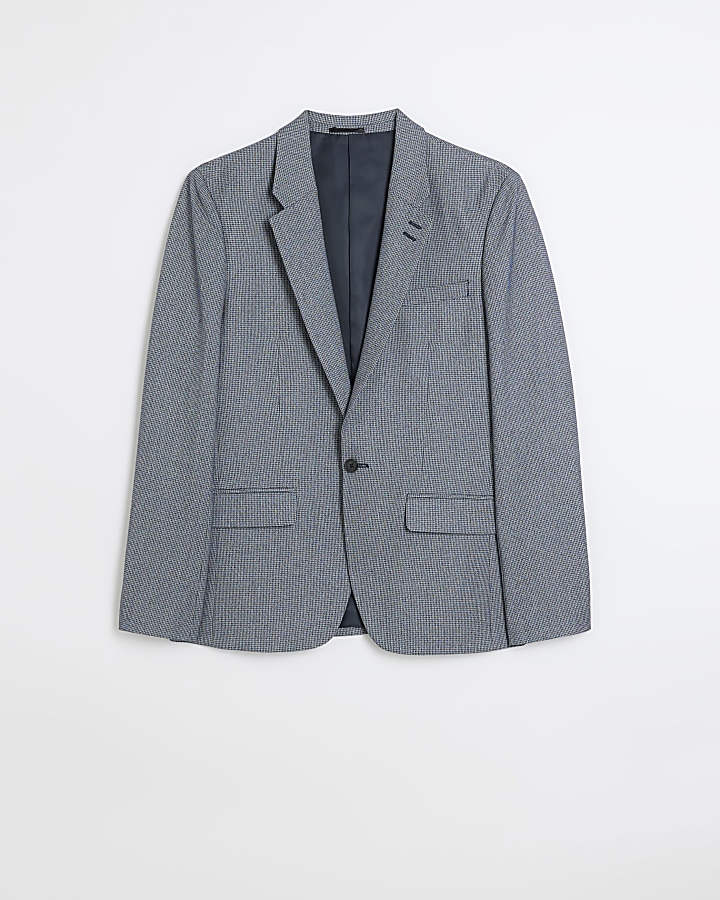 Blue skinny fit dogtooth suit jacket River Island