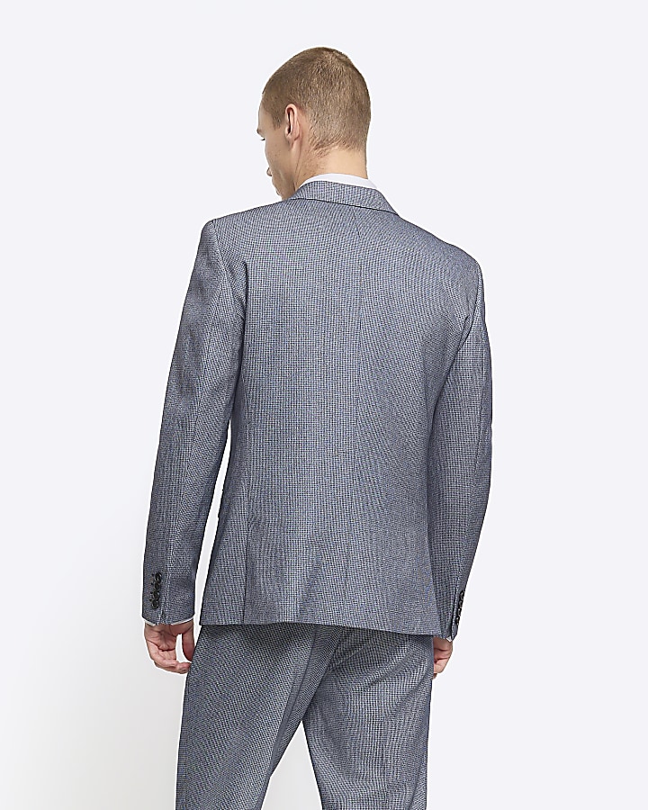 Blue skinny fit dogtooth suit jacket River Island