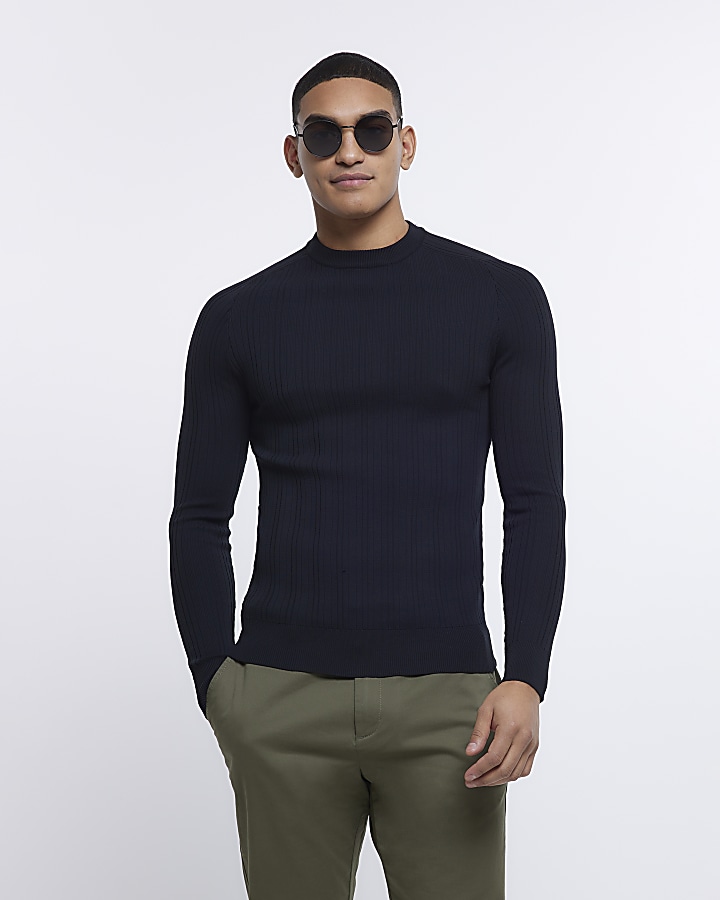 Black Muscle fit Ribbed crew neck jumper River Island