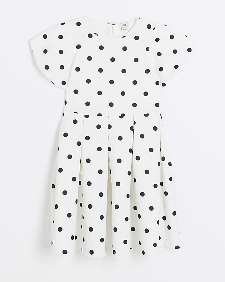 Girls white polka dot puff sleeve dress River Island