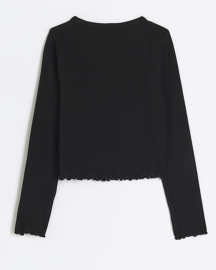 Girls black rib lettuce hem long sleeve top River Island