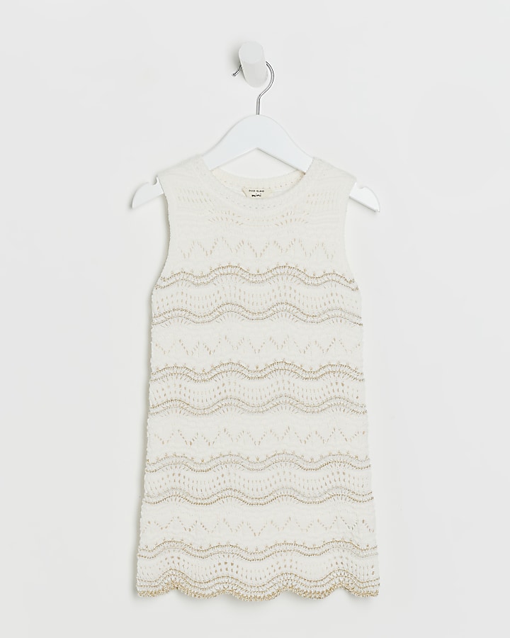 Mini girl cream crochet dress River Island