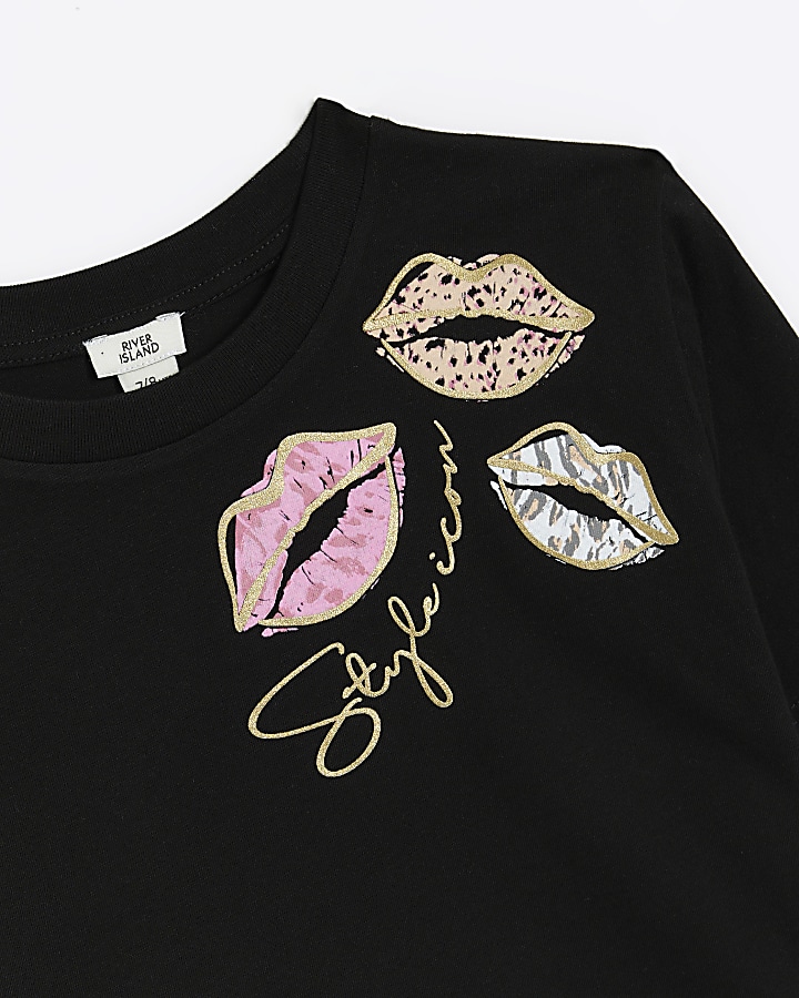 Girls black lips graphic crop tshirt River Island