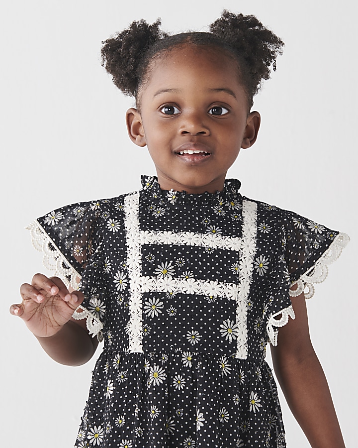 Mini girls black floral lace trim dress River Island