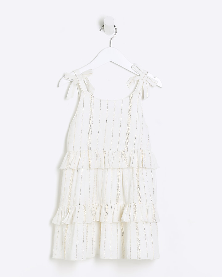 Mini girls cream glitter stripe beach dress River Island