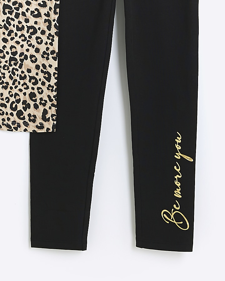 Girls black leopard print leggings 2 pack River Island