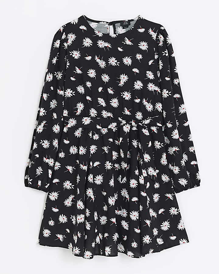 Girls black daisy floral print dress River Island
