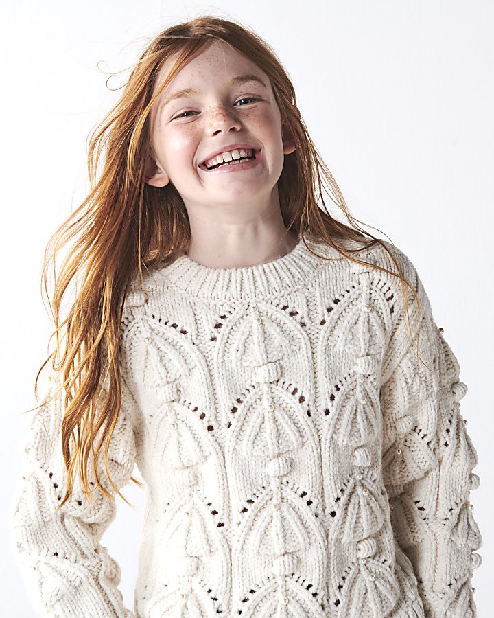 Girls cream pearl embellished jumper River Island