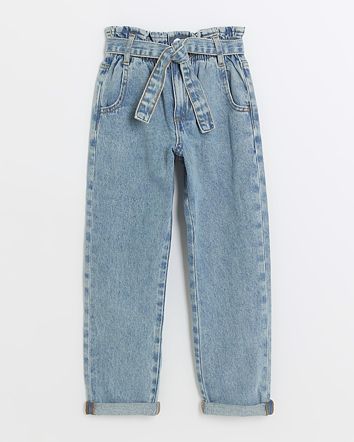 Girls blue belted paperbag jeans River Island