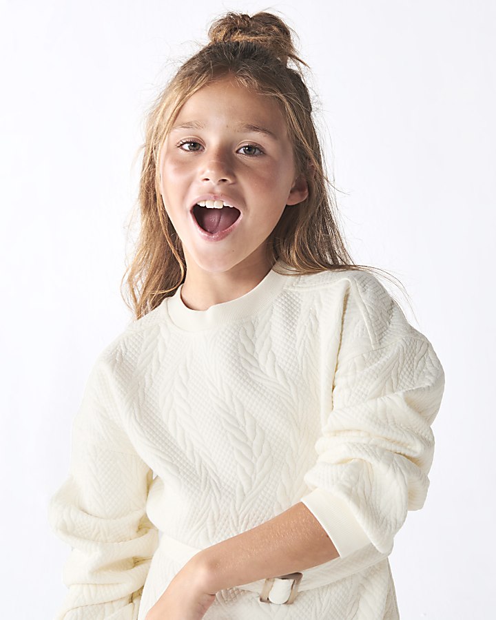Girls cream jacquard sweatshirt jumper dress River Island