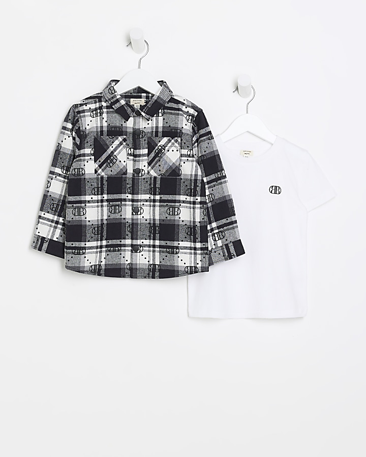 Mini Boys Black Check Shirt and Tshirt set River Island