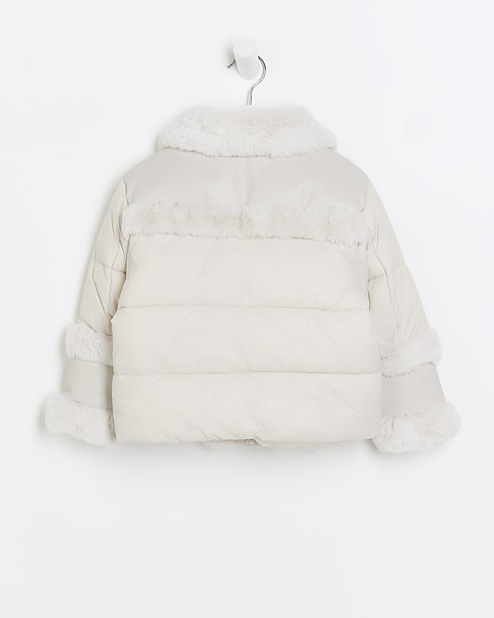 Mini girls cream puffer aviator coat River Island