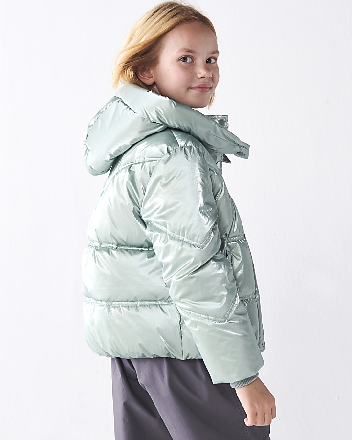Girls mint hooded metallic puffer jacket River Island