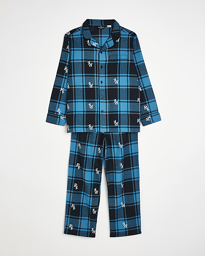Kids Blue RI monogram Check Pyjamas River Island