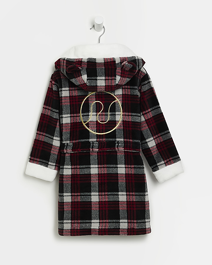 Mini Red Check Cosy Hooded Dressing Gown River Island