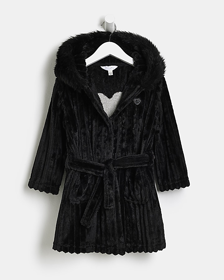 Mini Girls Black cosy rib dressing gown River Island