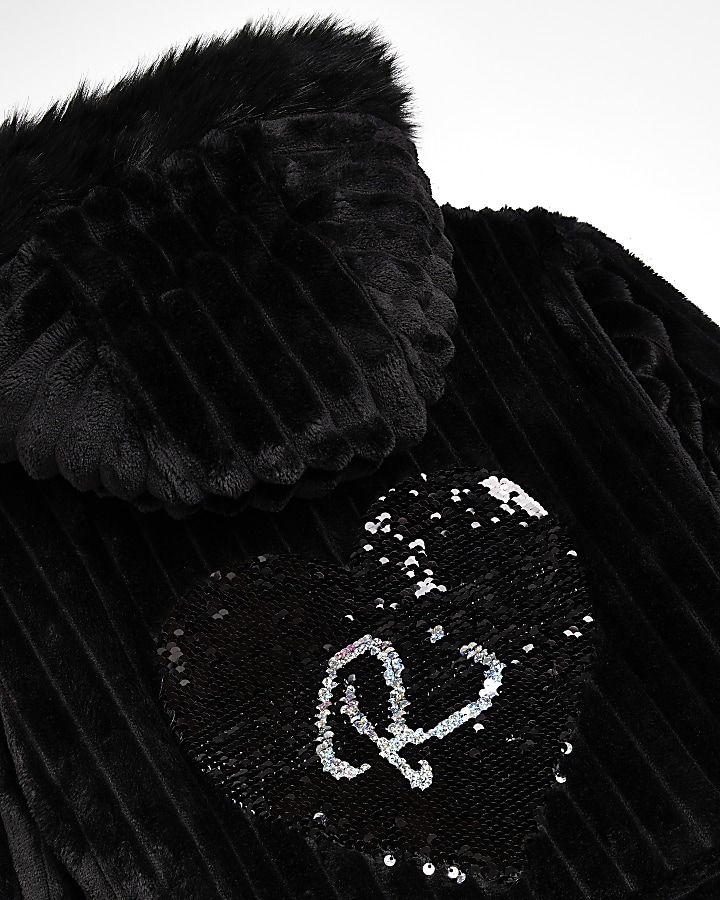 Girls Black Sequin cosy rib Dressing Gown River Island