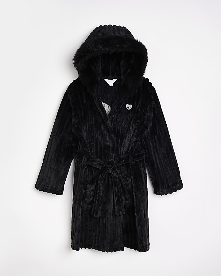Girls Black Sequin cosy rib Dressing Gown River Island