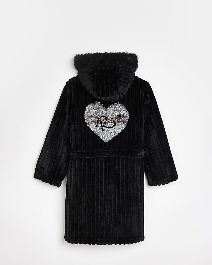 Girls Black Sequin cosy rib Dressing Gown River Island