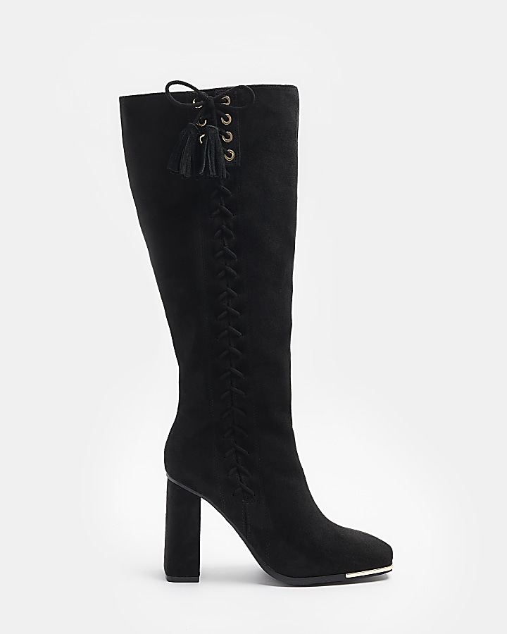 Black tie side heeled high boots River Island