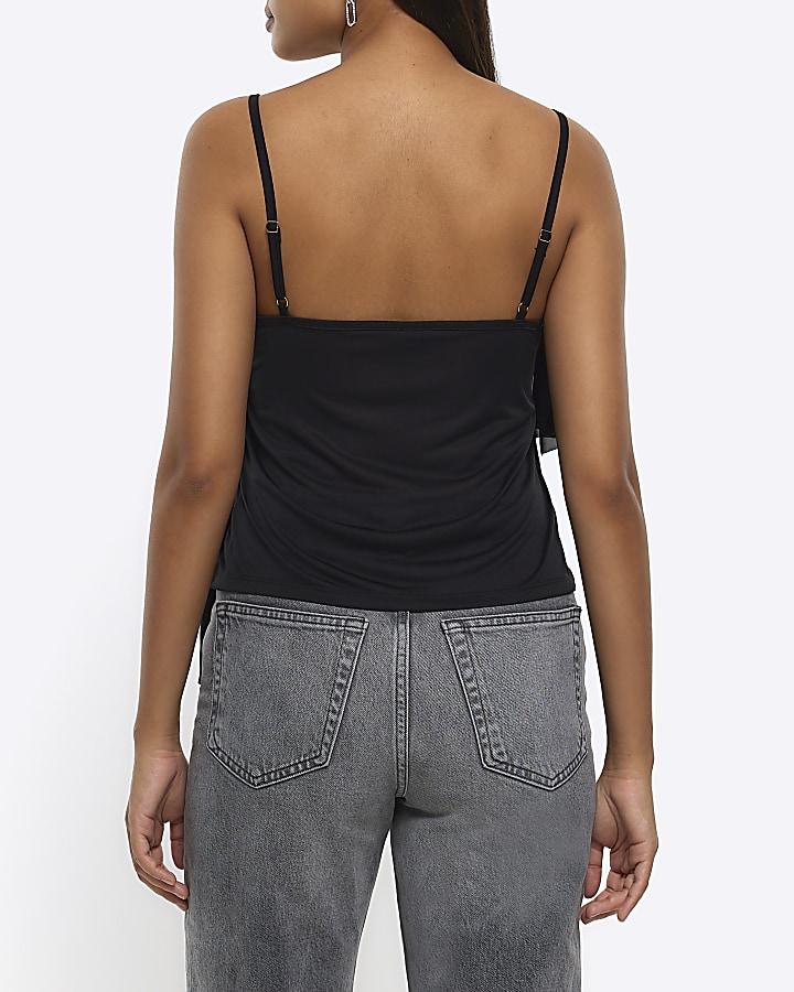 Black asymmetric ruffle cami top River Island
