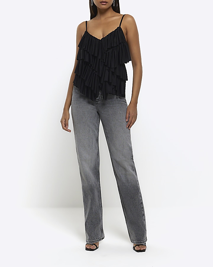 Black asymmetric ruffle cami top River Island