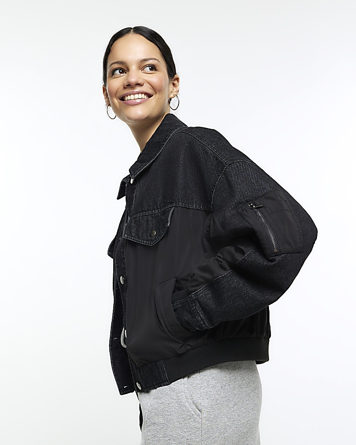 Black denim hybrid bomber jacket River Island