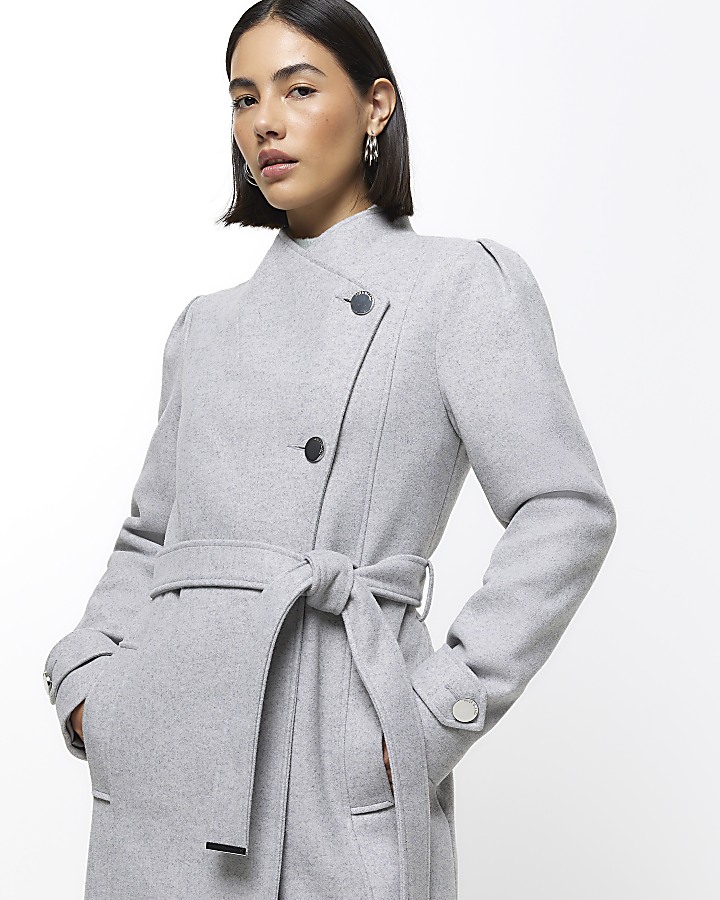 Grey belted wrap coat River Island