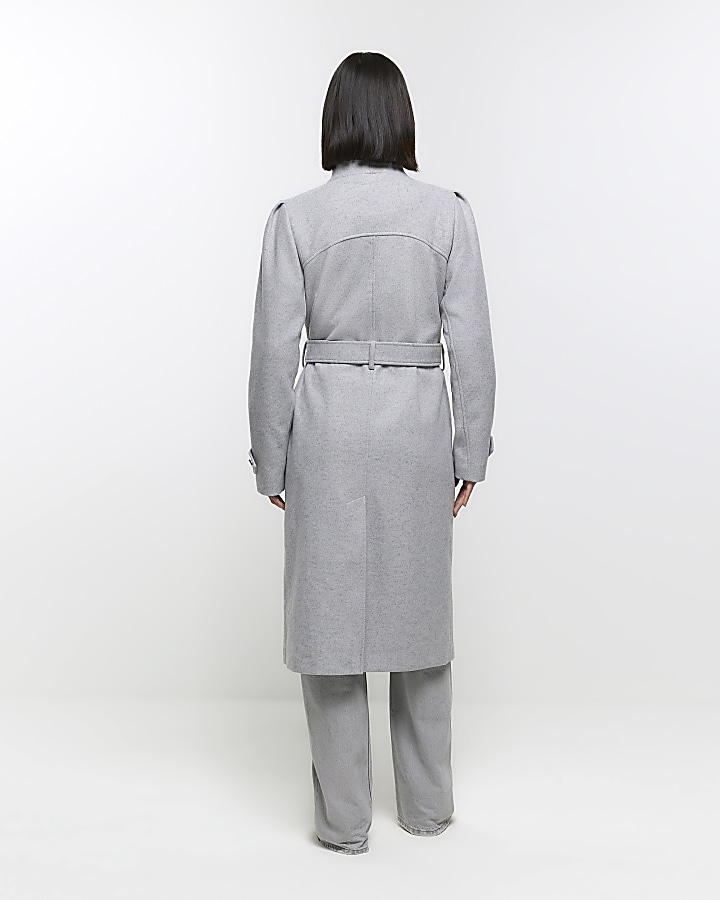 Grey belted wrap coat River Island