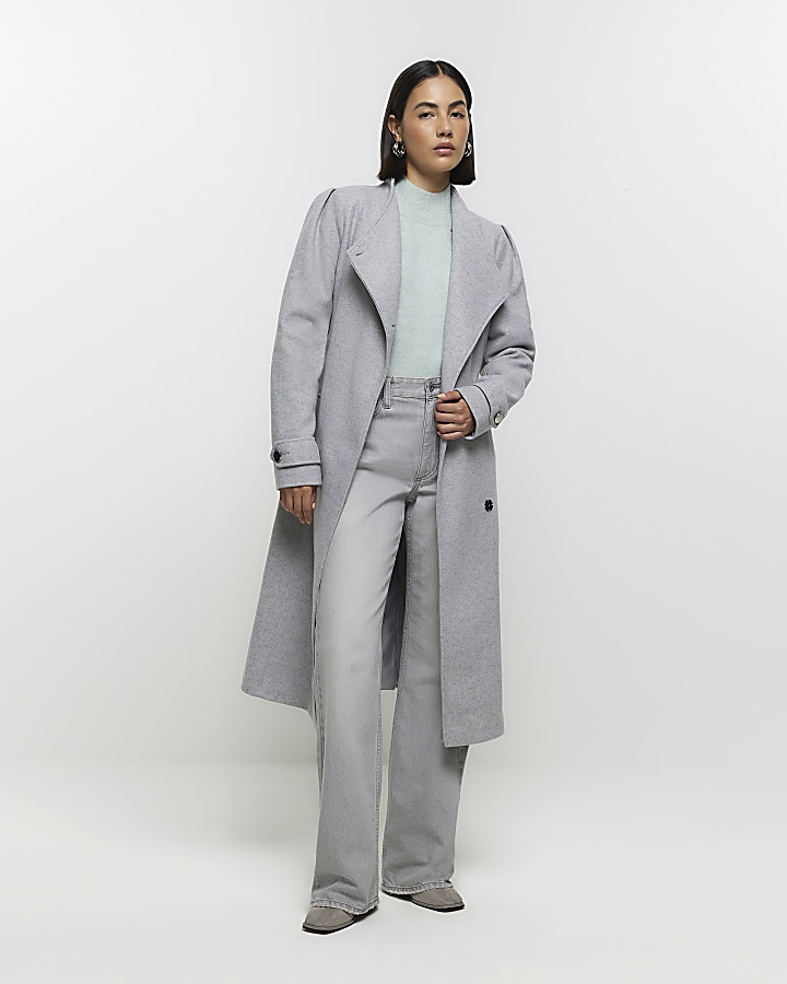 Grey belted wrap coat River Island