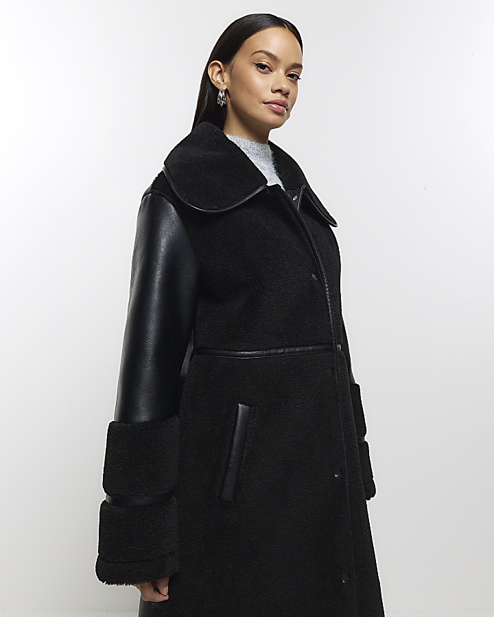 Black longline shearling coat River Island