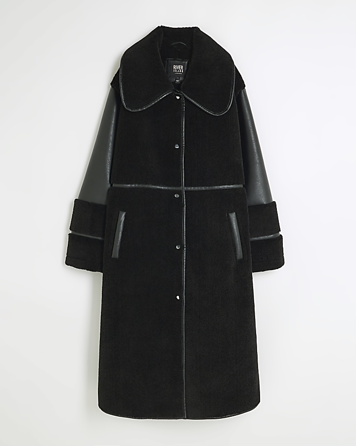 Black longline shearling coat River Island