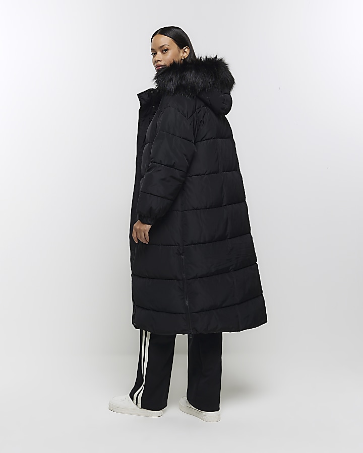 Black hooded longline puffer coat River Island