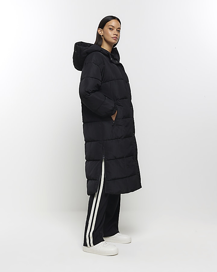 Black hooded longline puffer coat River Island