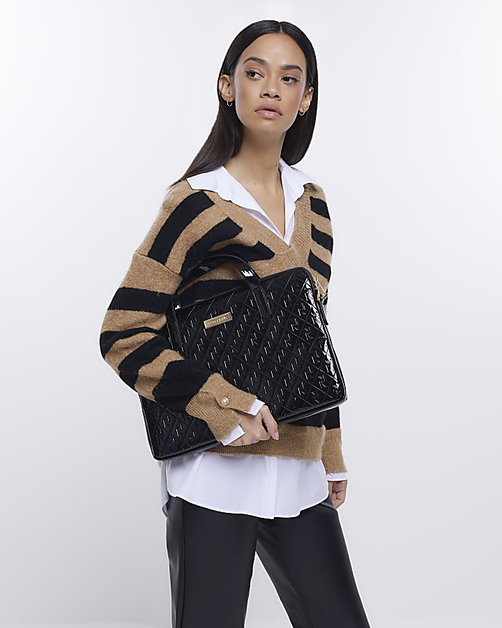 Black patent embossed laptop bag River Island
