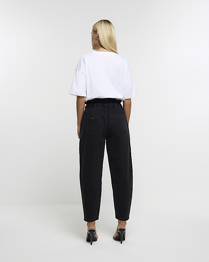 Petite black paperbag belted jeans River Island
