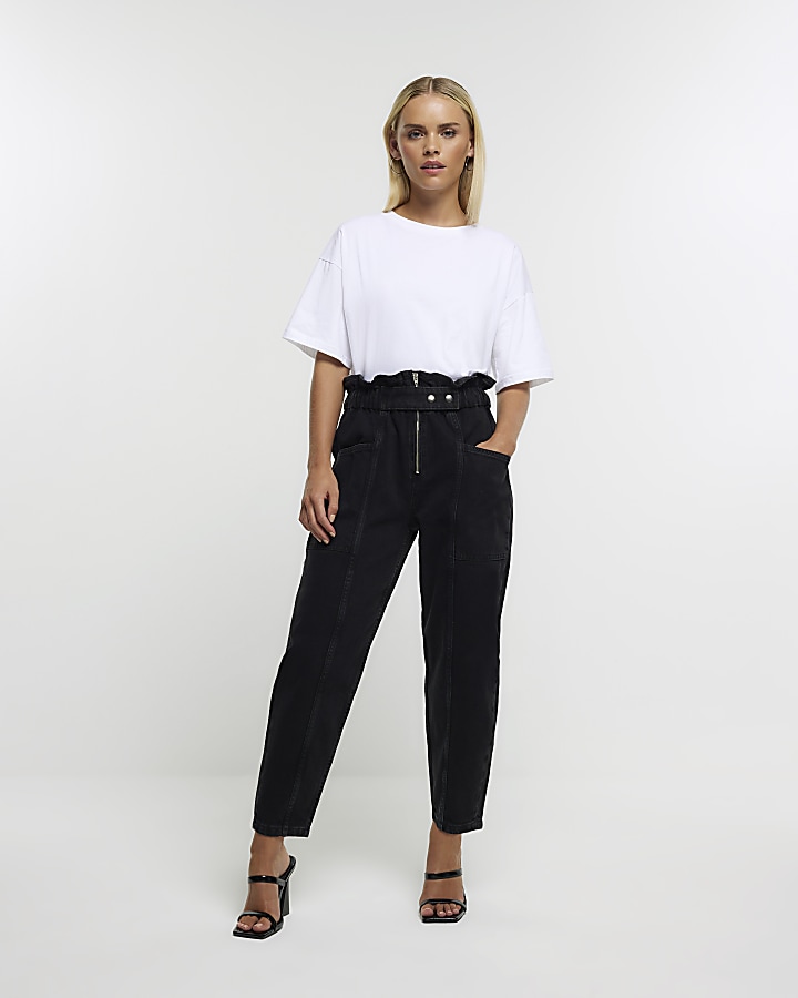 Petite black paperbag belted jeans River Island