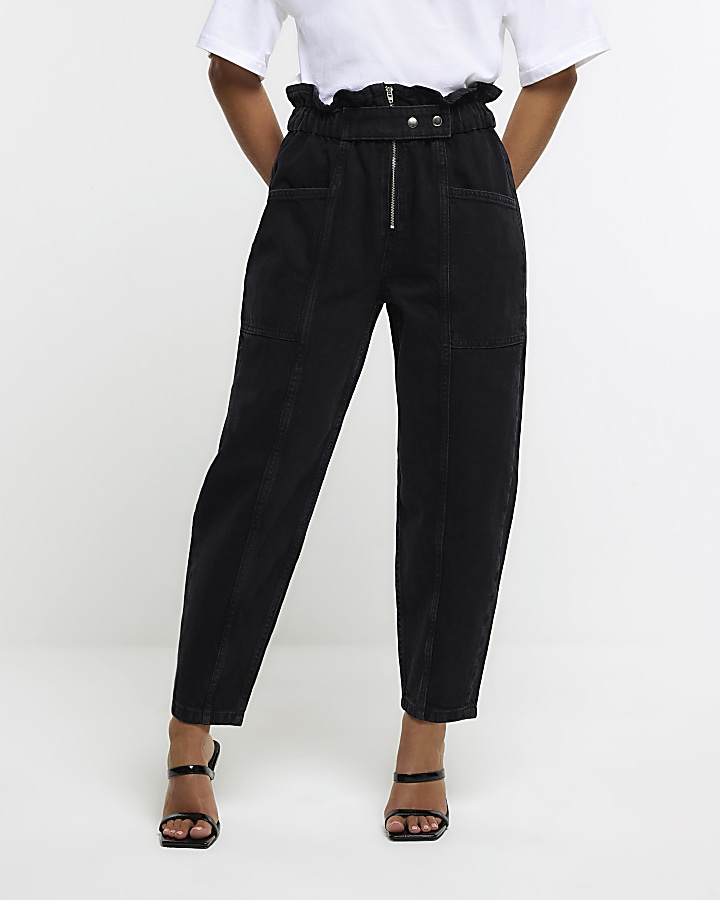 Petite black paperbag belted jeans River Island