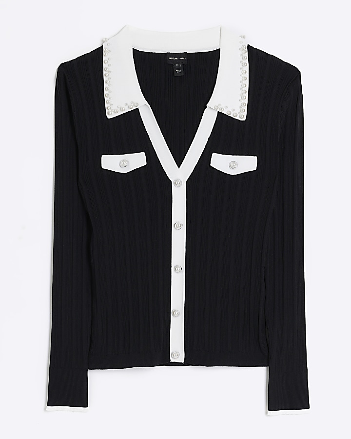 Black knitted pearl collar jumper River Island
