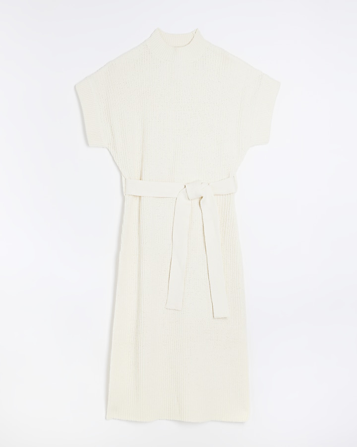 Cream belted high neck jumper midi dress River Island