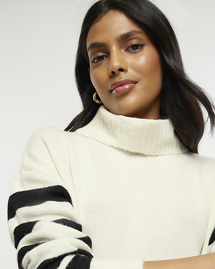 Cream stripe rolled neck jumper midi dress River Island