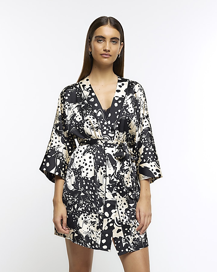 Black satin animal print kimono robe River Island