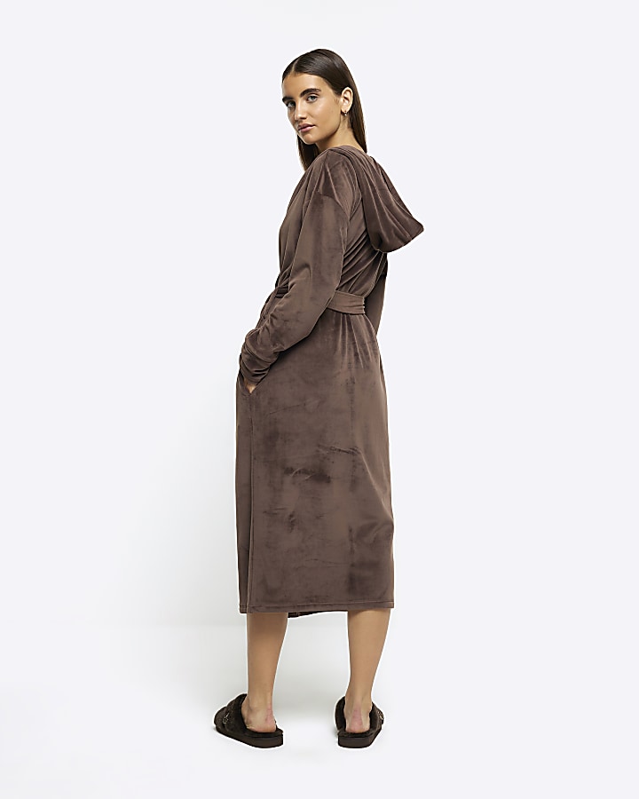 Brown soft hooded dressing gown River Island