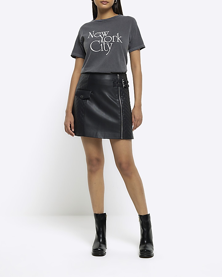 Black faux leather quilted mini skirt River Island