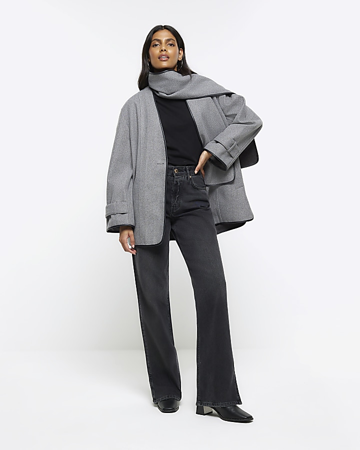 Grey scarf detail coat River Island